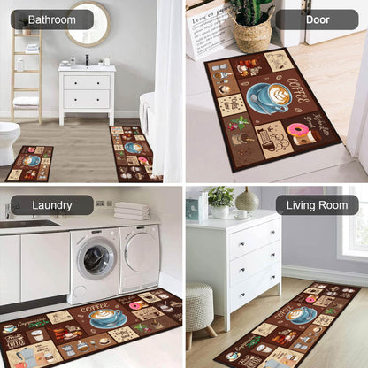 SHUNLCD Coffee Kitchen Decor Rug 2 Piece Set, Country Farmhouse Style Kitchen Floor Mat, Absorbent and Washable Runner Decorations Rug 17×30+17×47 Inches