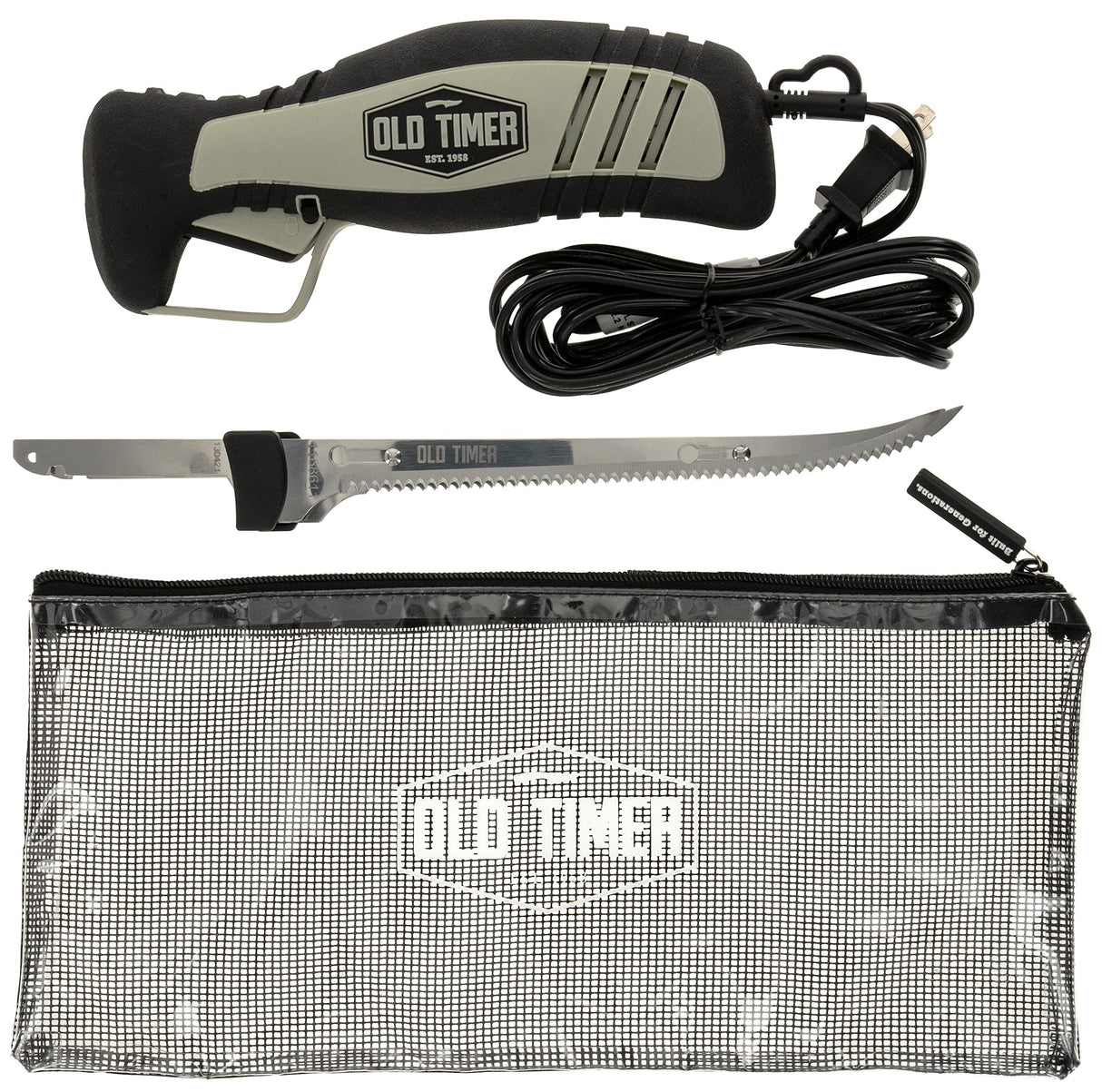 Old Timer 110V Electric Fillet Knife with 8in Fully Serrated Stainless-Steel Blade, Trigger Lock, Classic Fillet Knife Cut, 8ft Cord, and Self Draining Carry Case for Fishing, Filleting, and Outdoors Old Timer