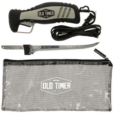 Old Timer 110V Electric Fillet Knife with 8in Fully Serrated Stainless-Steel Blade, Trigger Lock, Classic Fillet Knife Cut, 8ft Cord, and Self Draining Carry Case for Fishing, Filleting, and Outdoors Old Timer