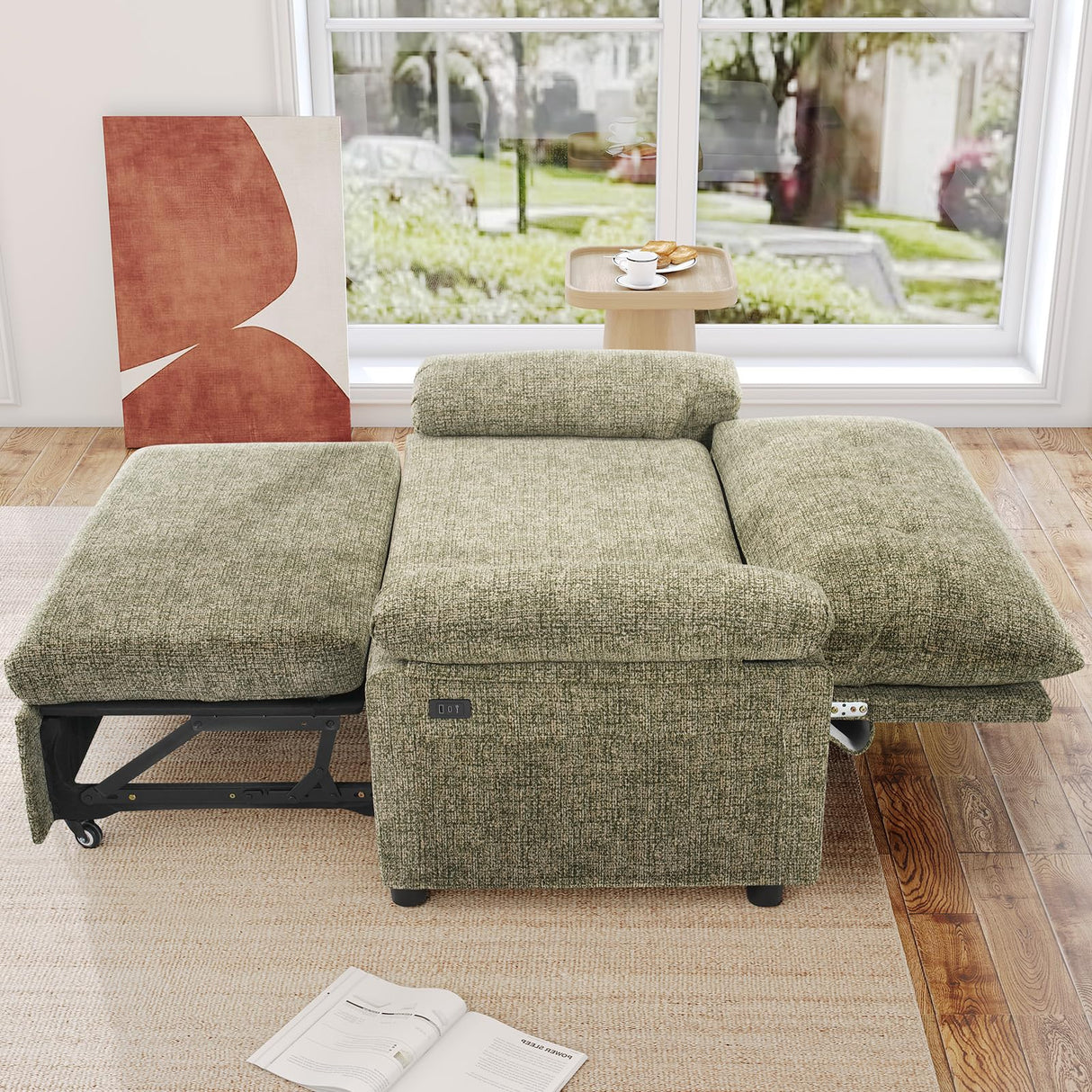 Sunny Heart Chenille 3 in 1 Convertible Sleeper Sofa Bed, Pull Out Couch Bed with USB Ports, Reclining Backrest, Side Pockets, Tool-Free Assembly, Loveseat Perfect for Living Room, Green Sunny Heart
