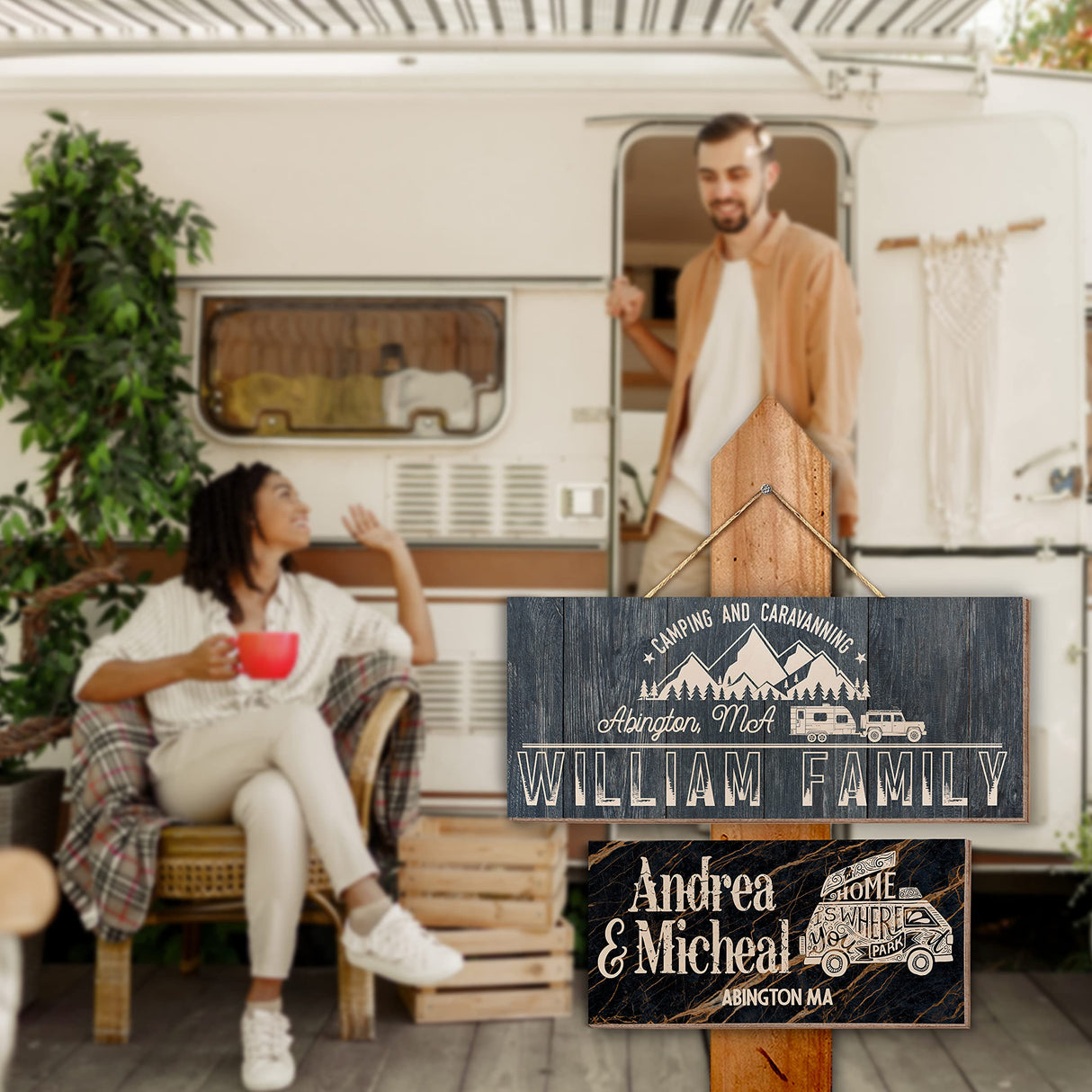 Camping Wood Signs With Name Address, Personalized Camp Wooden Sign Board for Camper Rv Trailer Accessories, Customized Home Wall Decor Farmhouse Plaque, Christmas Gift C1 People People