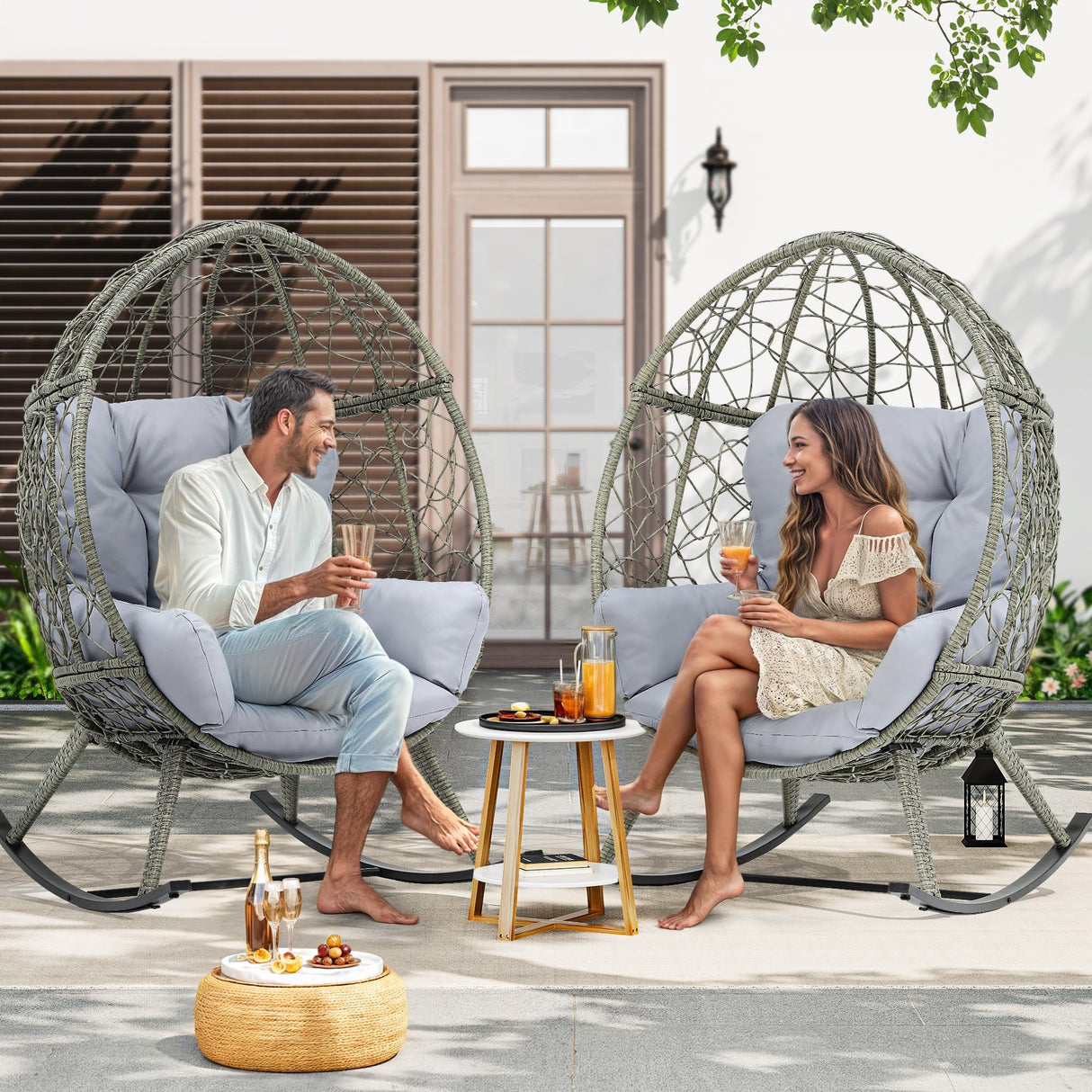 YITAHOME Outdoor Rocking Egg Chair with Cushioned Comfort, Wicker Patio Rocker 250lb Capacity, Anti-Slip, All-Weather Resilient Rattan Design for Indoor & Outdoor Relaxation Spaces, Light Grey YITAHOME