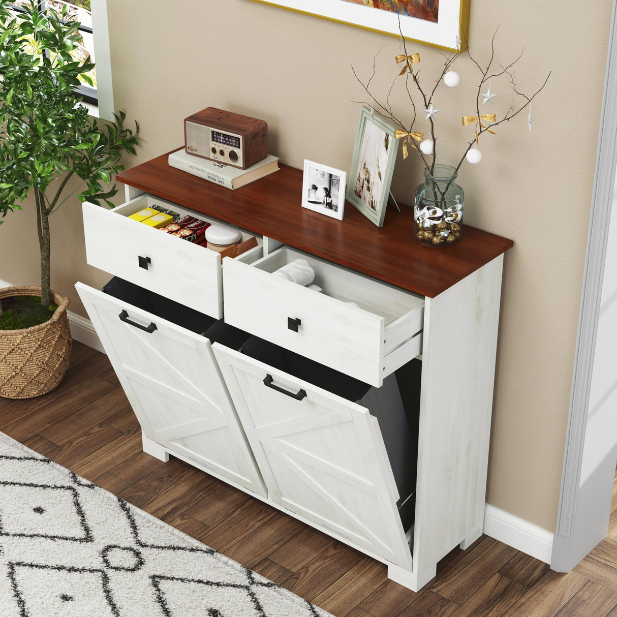 HOLISUN Double Tilt Out Trash Cabinet Kitchen Trash Bin Cabinet, 2x13 Gallons, Farmhouse Recycling Trash Can Cabinet with Hidden Drawers, Pet Proof Garbage Can for Kitchen, Living Room, White HOLISUN