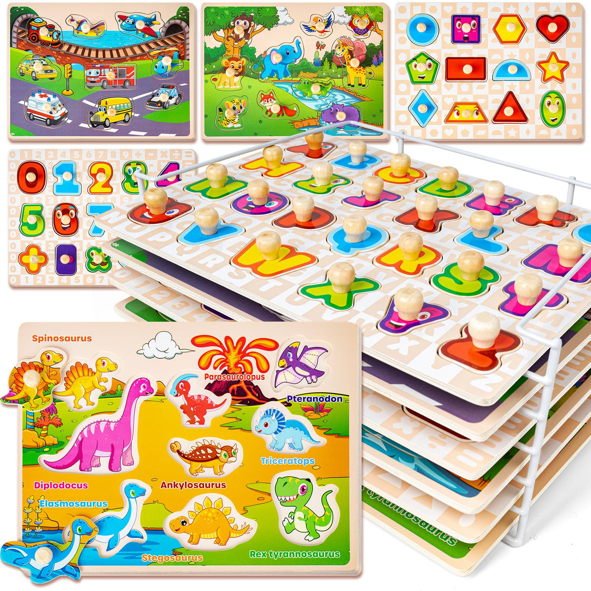 SYNARRY Wooden Puzzles for Toddlers 1-3, 6XSET Puzzles for Toddlers 2-4 with Rack, Learning Alphabet Number Shape Animal Dinosaur Vehicle, Education Toddler Puzzles Toys Gifts for 2 3 Years Boys Girls SYNARRY