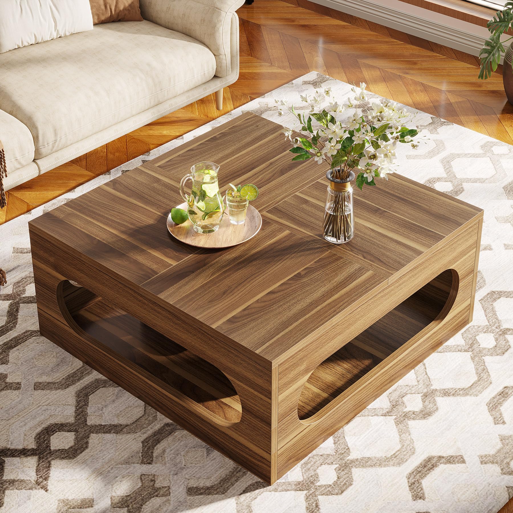 Tribesigns 43-Inch Coffee Table with LED Light, Square Coffee Table with Storage, Wood Cocktail Table, Farmhouse Center Table for Living Room Home Office, Brown - WoodArtSupply