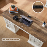OKD 60" Executive Desk with Drawers, Farmhouse Home Office Desk with Charging Station, Keyboard Tray, File Cabinet Storage, Wood Computer Desk for Work and Study, Antique White OKD