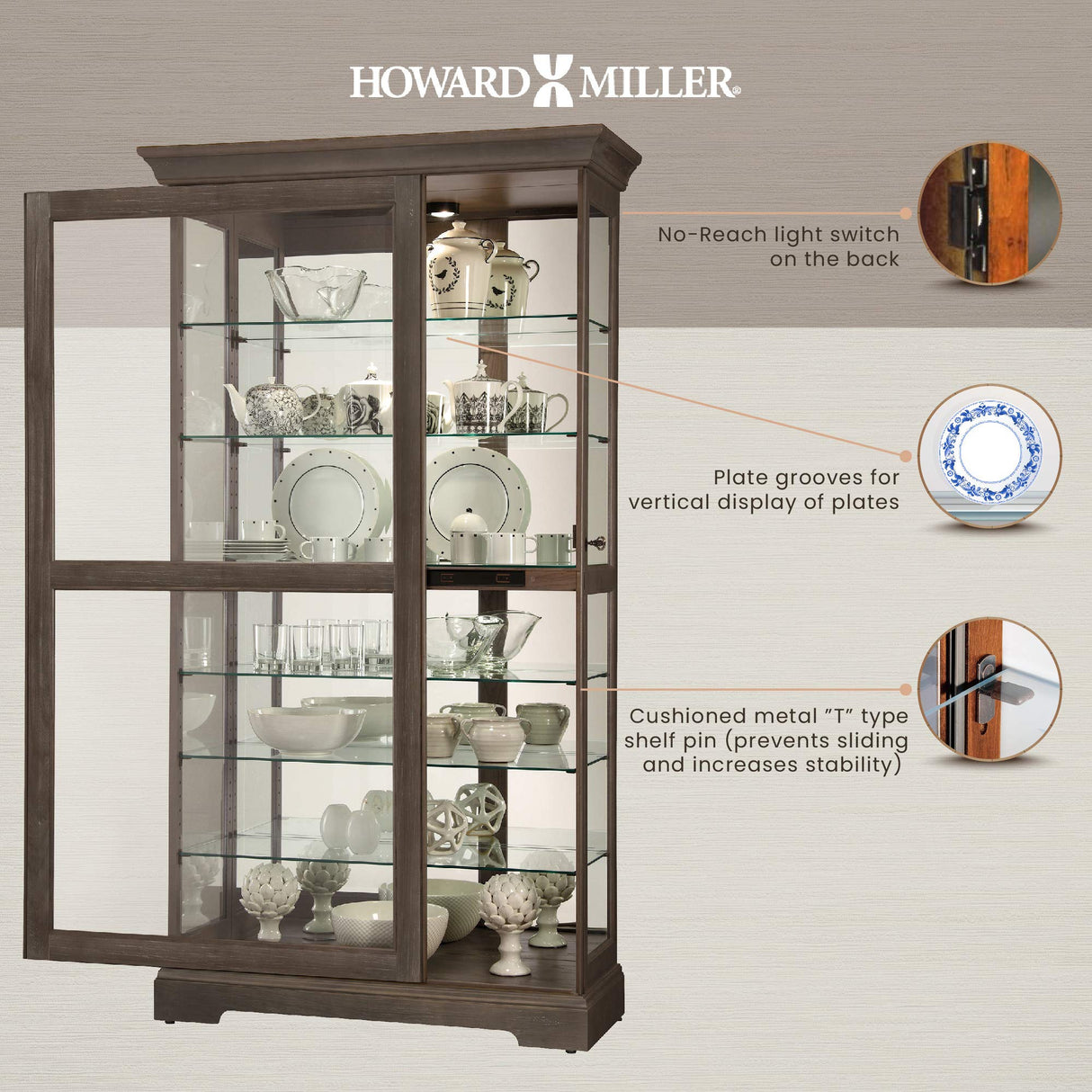 Howard Miller Tyler VI Curio - Floor Mount Showcase Auburn Finish Lockable Shelves & Levelers, Adjustable Vertical Plate Display Perfect for Living Room Office and Room Decor Howard Miller