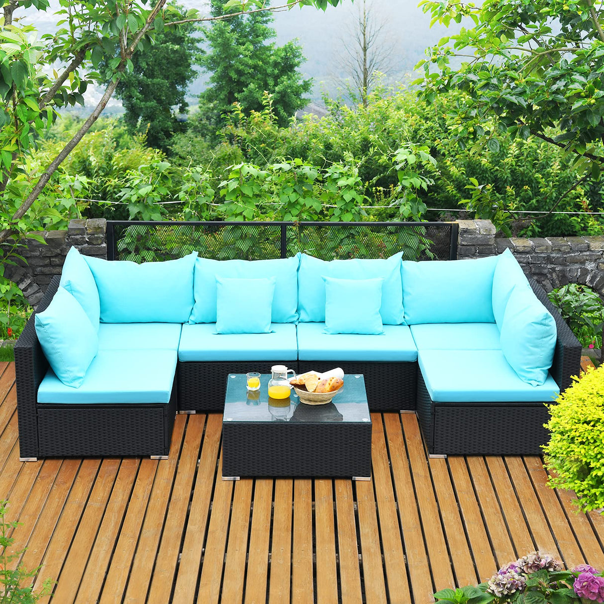 Tangkula 7 Piece Patio Furniture Set, Outdoor Sectional Sofa w/Pillows and Cushions, Wicker Sofa Conversation Set with Coffee Table, Patio Sofa and Tea Table Set for Garden, Lawn Tangkula