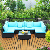 Tangkula 7 Piece Patio Furniture Set, Outdoor Sectional Sofa w/Pillows and Cushions, Wicker Sofa Conversation Set with Coffee Table, Patio Sofa and Tea Table Set for Garden, Lawn Tangkula