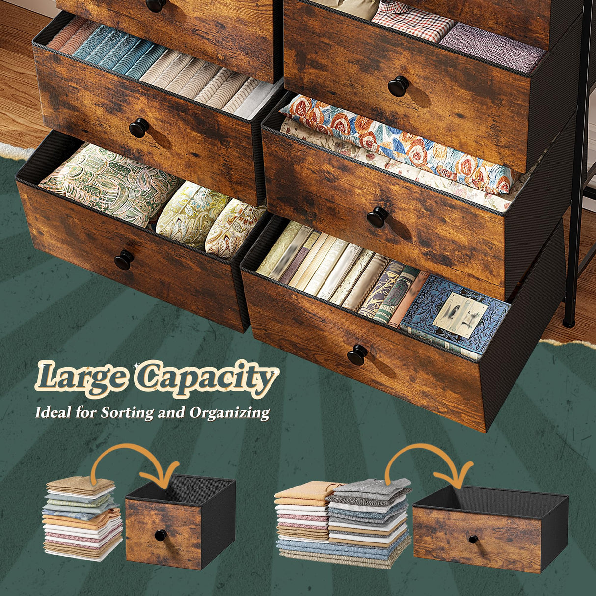 Romorgniz Tall Dresser for Bedroom with 12 Drawers, Fabric Storage Dressers & Chests of Drawers, Sturdy Metal Frame, Wood Top, Closet, Entryway, Bedroom Furniture (Rustic Brown) Romorgniz