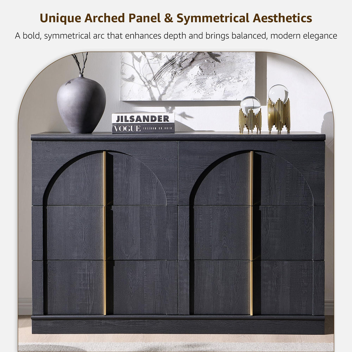 ACCOHOHO Arched Dresser for Bedroom with 6 Drawers, 47.3" Wide Modern Chest of Drawers with Rounded Edge & Metal Handles, Wood Storage Closet Dressers TV Stand for Living Room, Hallway, Black ACCOHOHO
