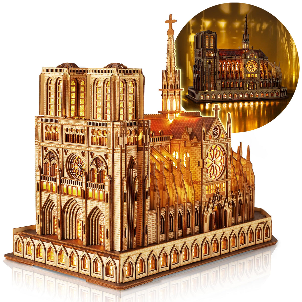 FUNPOLA LED 3D Wood Puzzle - Notre Dame de Paris Architecture Model-Night Edition with LED Lighting- DIY Building Model Craft Kit, Architecture Building Set FUNPOLA
