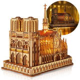 FUNPOLA LED 3D Wood Puzzle - Notre Dame de Paris Architecture Model-Night Edition with LED Lighting- DIY Building Model Craft Kit, Architecture Building Set FUNPOLA
