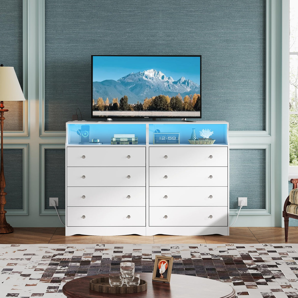 WLIVE White LED Dresser for Bedroom, Tall Wood Dresser with 4 Drawers and Open Shelf, Chest of Drawers with Charging Station and LED Lights for Living Room, Hallway, Closet WLIVE