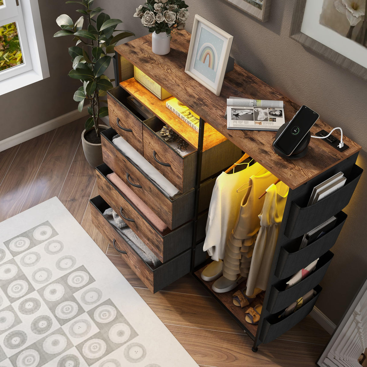 Espelism Dresser for Bedroom with Clothes Rack & Side Pockets 5 Drawer Dresser with Charging Station & LED Lights Black Storage Chest of Drawers for Hallway Closet Sturdy Steel Frame Wood Top (Brown) Espelism