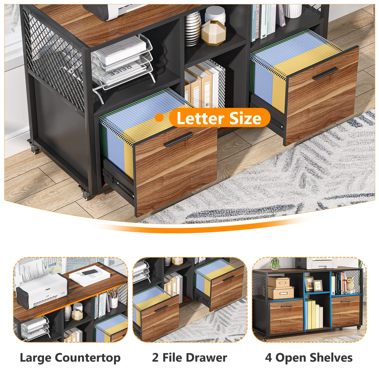Tribesigns 2 Drawer Wood File Cabinets, Modern Mobile Lateral Filing Cabinet for Letter/ A4 Size, Printer Stand with Open Storage Shelves and Drawer for Home Office, Rustic Walnut Tribesigns