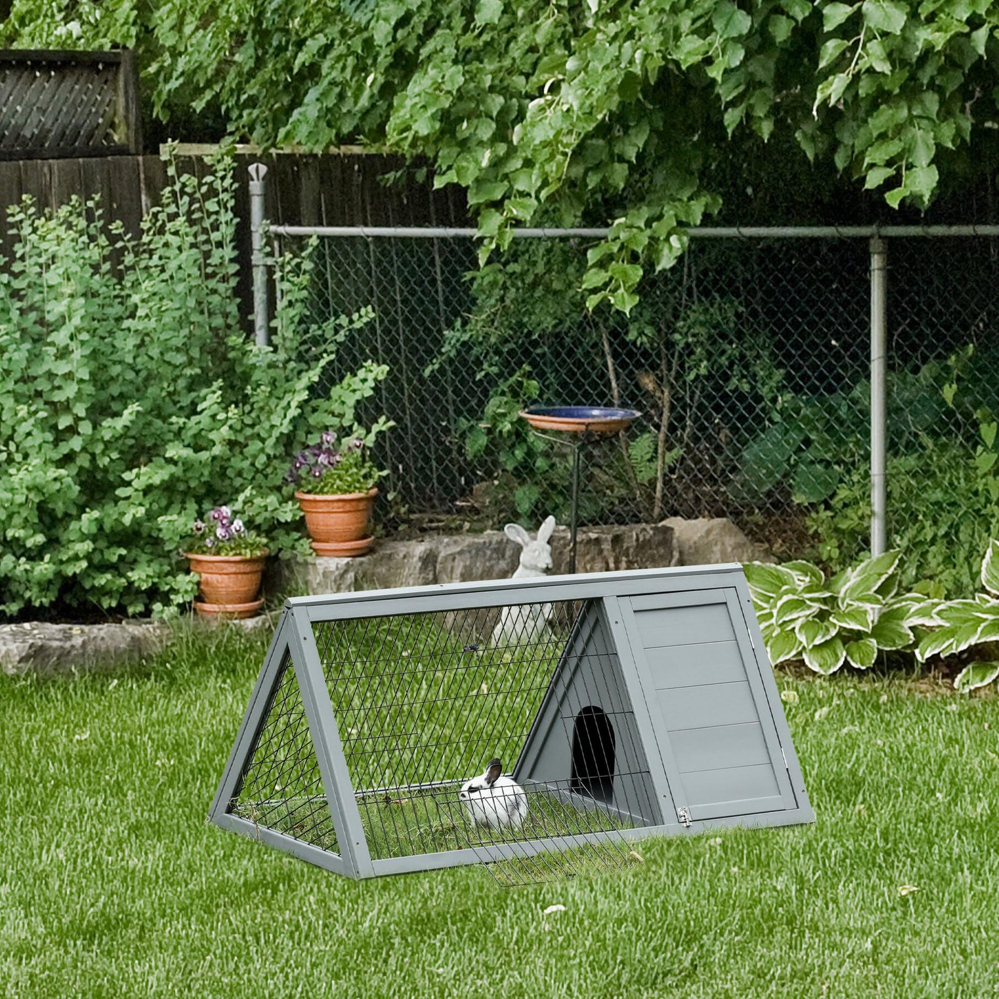 PawHut 46" x 24" Wooden A-Frame Outdoor Rabbit Cage Small Animal Hutch with Outside Run & Ventilating Wire, Gray - WoodArtSupply