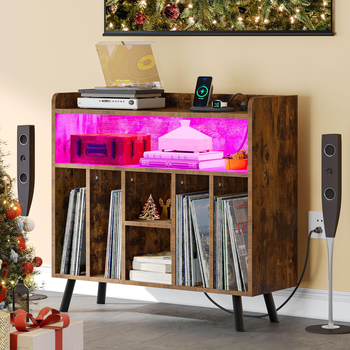 YITAHOME Record Player Stand with Power Outlets and LED Lights Holds Up to 130 Albums, Record Player Table with Storage, Vinyl Record Storage with Solid Legs for Living Room, Bedroom, Grey YITAHOME