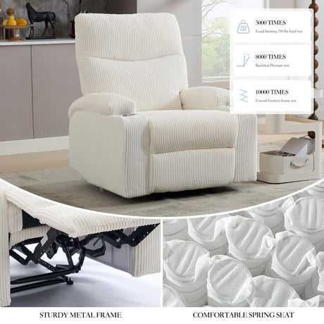 Manual Recliner Chair with Pull Ring, 3 Position 140° Reclining Sofa for Living Room, Nursery, RV, and Office,Oversized Recliner Chairs for Adults(White Corduroy Fabric) AIWOEN