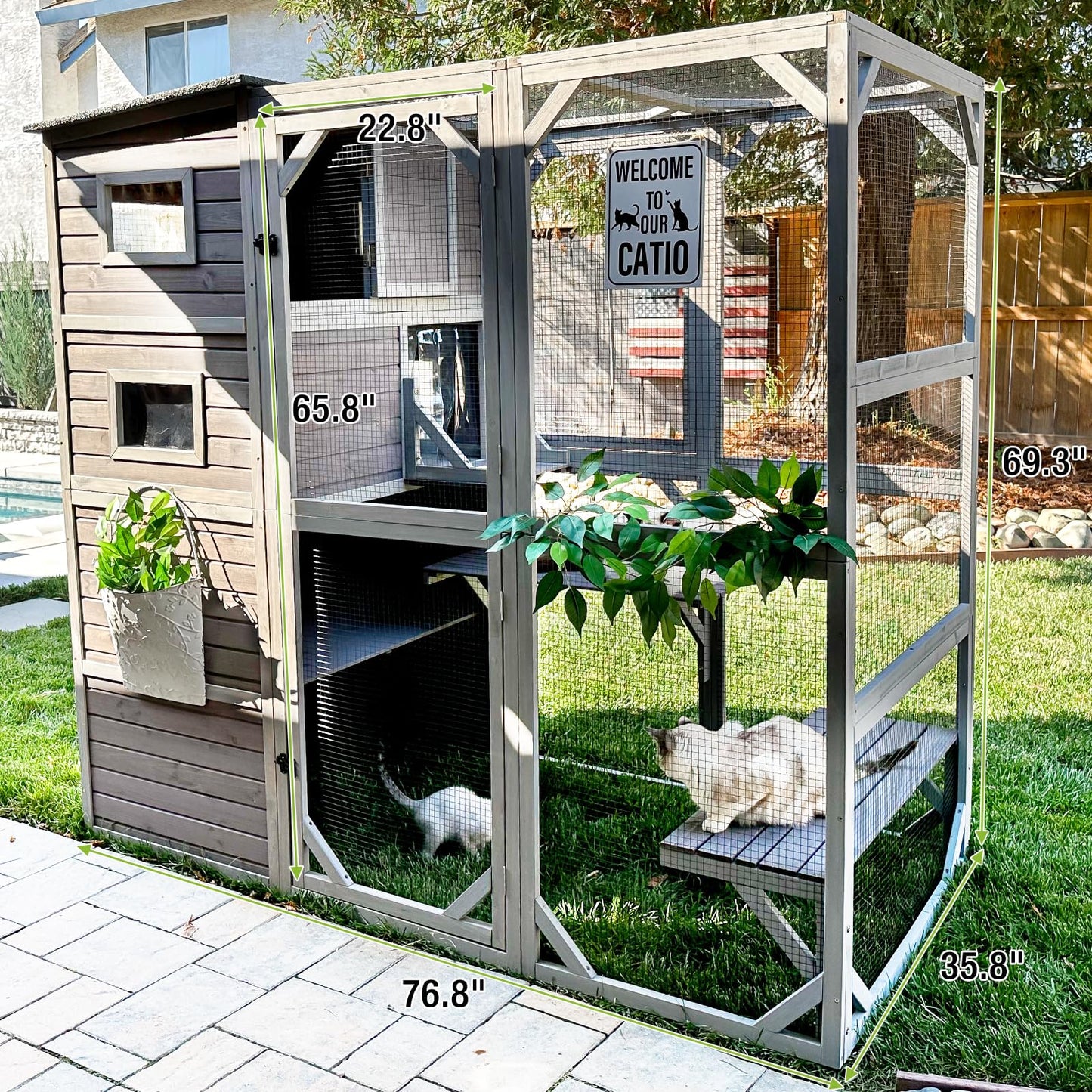 Cat Enclosure Outdoor Wooden Cat House Large Catio Vertial Kitten Kennel Cat Cage 4 Tiers 77" L x 36" W x 69" H