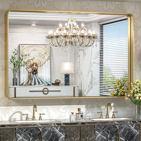 TokeShimi 55 x 36 Inch Brushed Gold Bathroom Mirror for Wall Vanity Mirror with Non-Rusting Aluminum Alloy Metal Frame for Modern Minimalist Farmhouse Home Decor (Horizontal/Vertical) TokeShimi