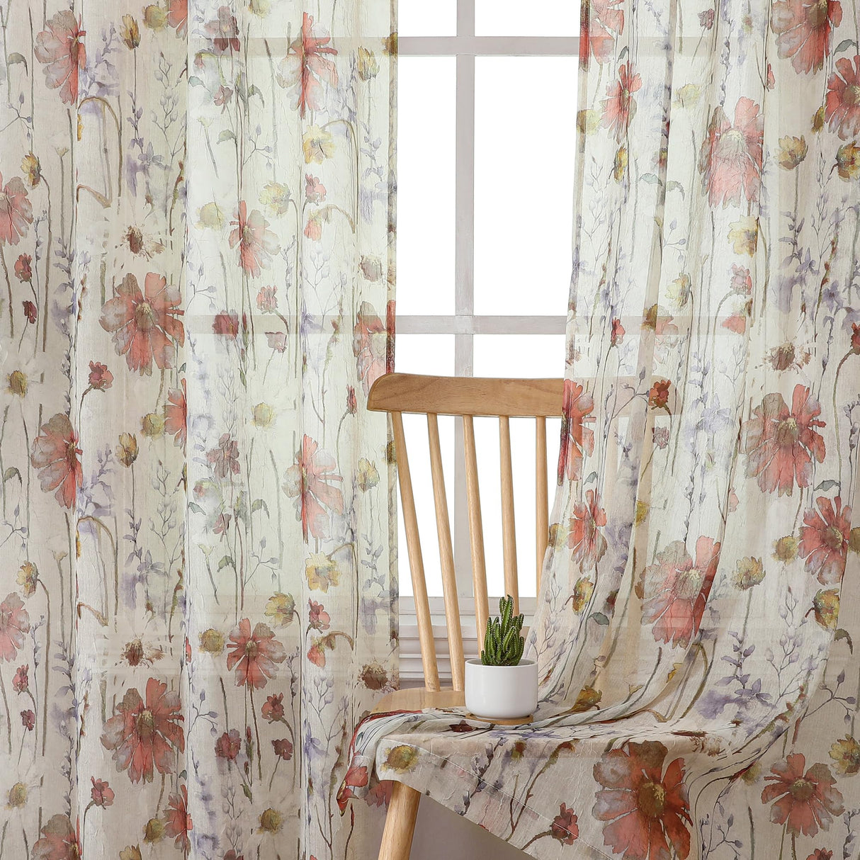 OWENIE Crushed Semi Sheer Curtains 72 Inches Length 2 Panels, Floral Pattern Design Rod Pocket Light Filtering Farmhouse Curtains for Bedroom Living Room, 2 Pieces Total 84 Inch Wide, 72 inch Long OWENIE
