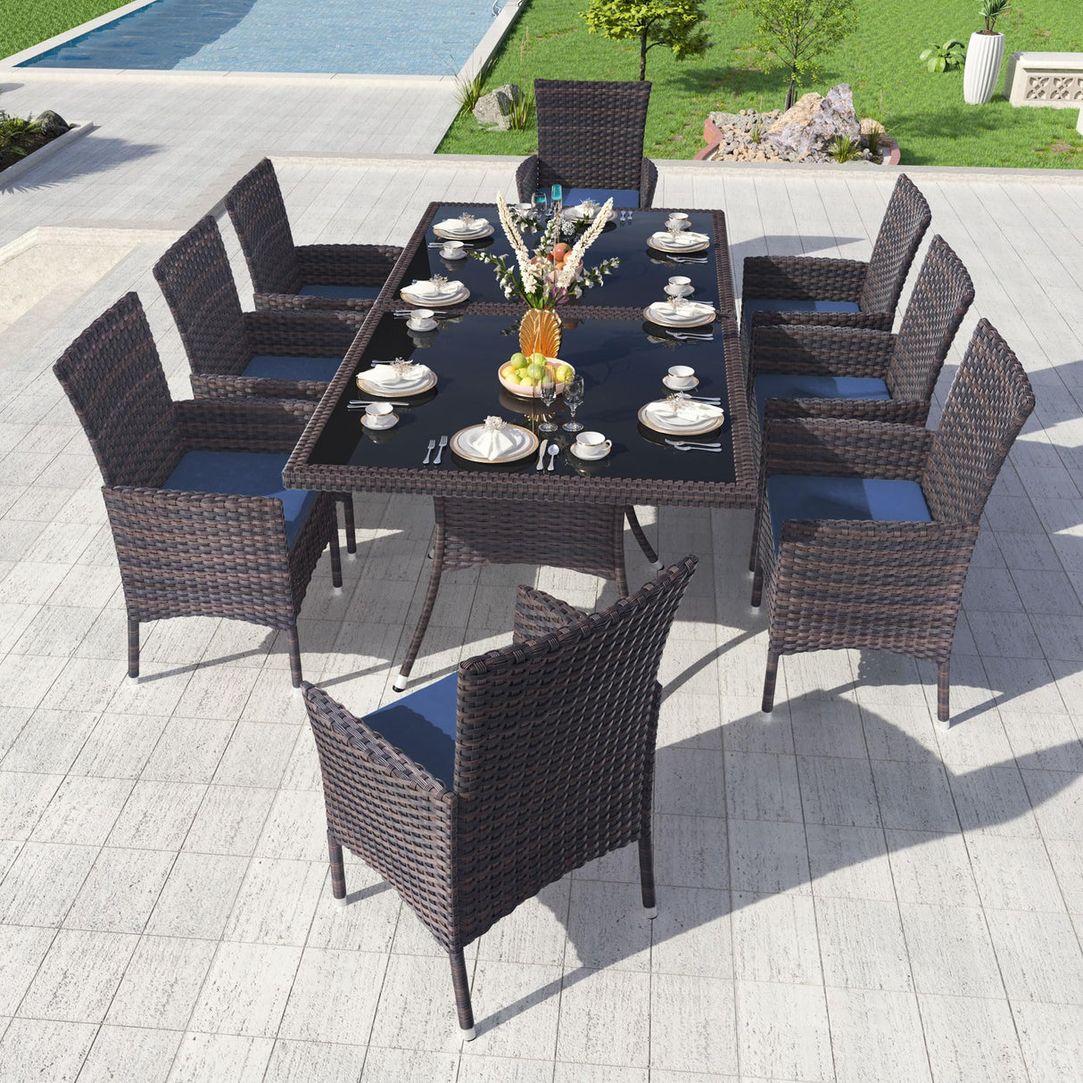 Kullavik 10-Piece Outdoor Dining Set Patio Rattan Furniture Set,Patio Dining Table and Chairs Set with 8 Chairs and Cushions,Square Glass Tabletop with Umbrella Hole for Patio,Backyard,Garden,NavyBlue Kullavik