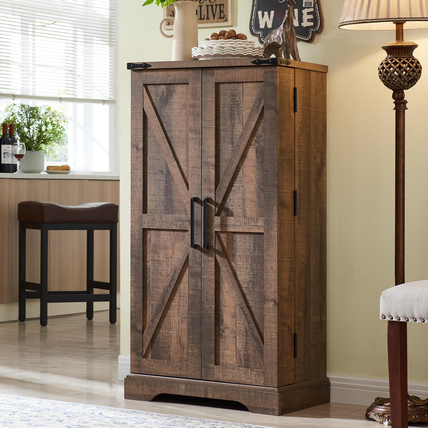 ACCOHOHO 47" Kitchen Pantry, Farmhouse Storage Cabinet with Barn Doors, Organizer and Adjustable Shelves, Rustic Wood Cupboard for Kitchen, Dining Room, Bathroom and Hallway, Rustic Brown