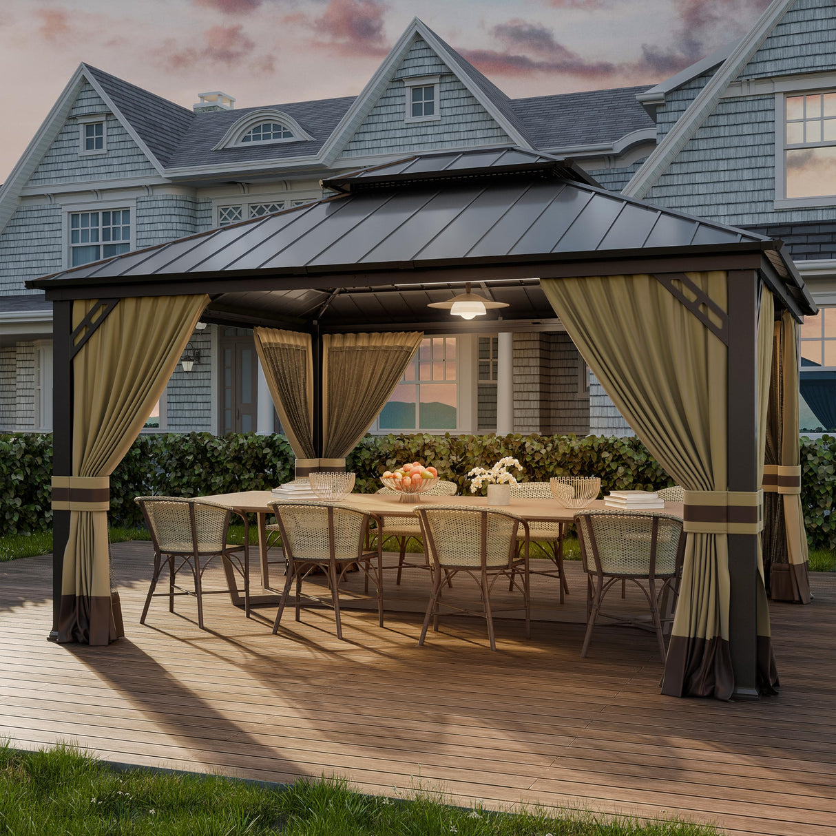 Kurapika 12' x 14' Hardtop Gazebo, Outdoor Metal Gazebo with Galvanized Steel Double Roof Canopy, Curtain and Netting, Aluminum Permanent Pavilion Gazebo for Patio, Backyard, Lawn, Sand Kurapika