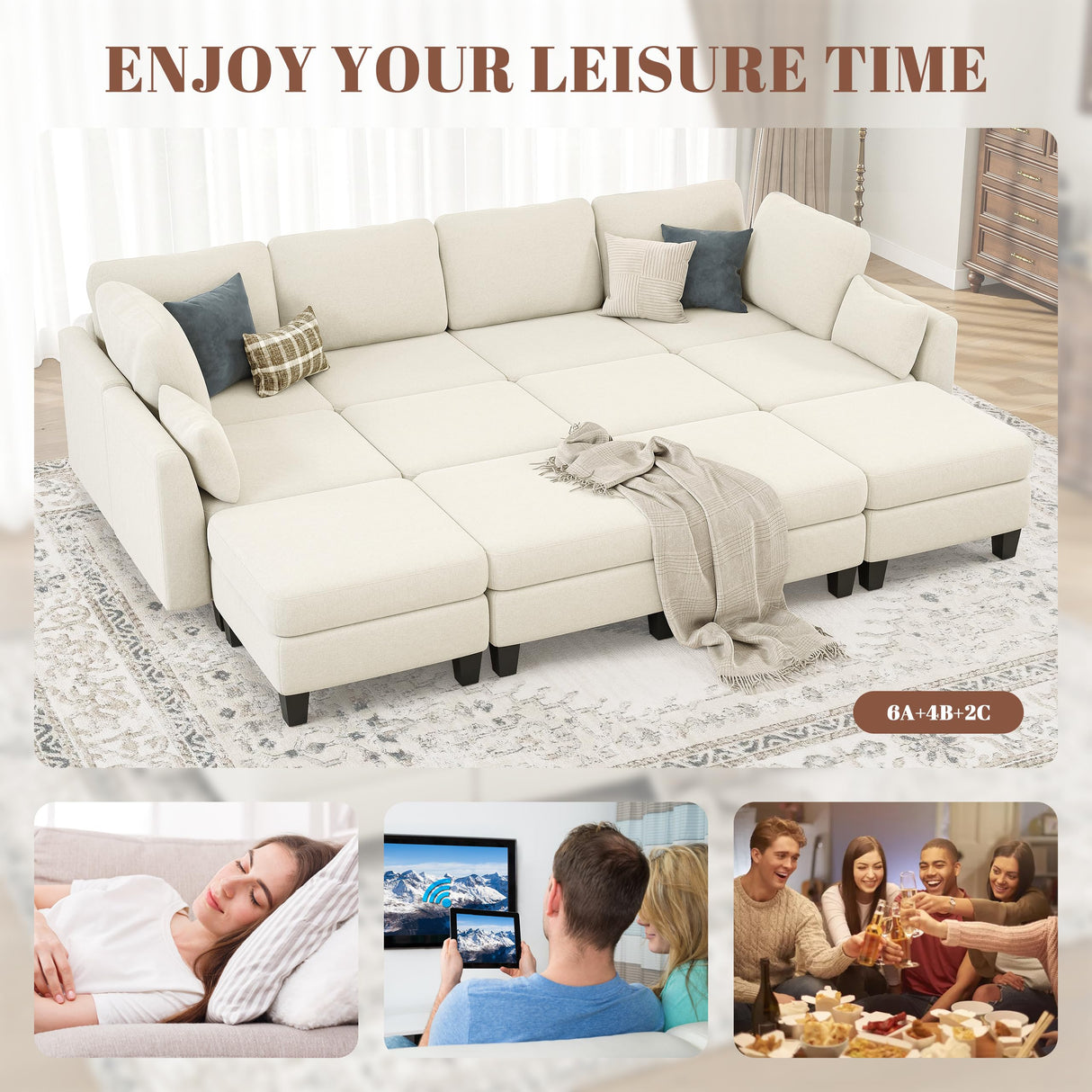 Dowiean Sectional Sleeper Sofa, 6 Seaters Modular Sleeper Sofa Couch, Comfy Sectionals Couches Bed, Convertible Sofas with Ottomans, Modular Sectional Couches for Living Room, Beige Dowiean