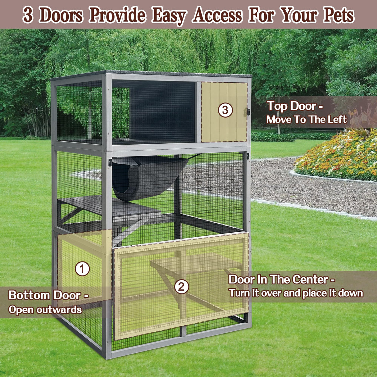 Wooden Cat House Outdoor Cat Enclosure with 3 Floors and Weatherproof Roof Indoor Large Cat Catio for Cats with Hammock & Resting Box Akinerri