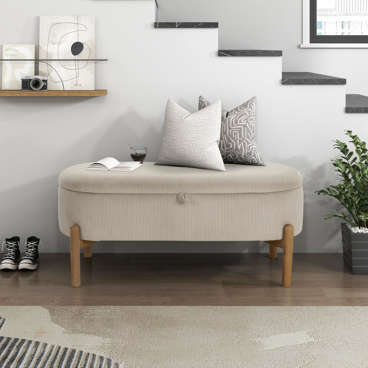 Lexicon Lift Top Storage Bench, Corduroy Upholstered Oval Entryway Bench with Solid Wood Leg Support, Modern Striped Storage Chest for Entryway/Living Room/Bedroom, Taupe Lexicon