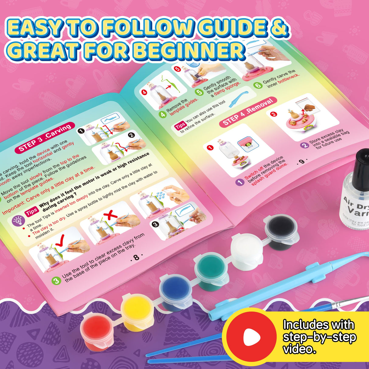 Pottery Wheel for Kids for Beginners, Mini Pottery Wheel,18 Miniature Clay Projects with 3 Pack Air Dry Clay, Arts and Crafts for Kids Ages 8-12 HEJIN