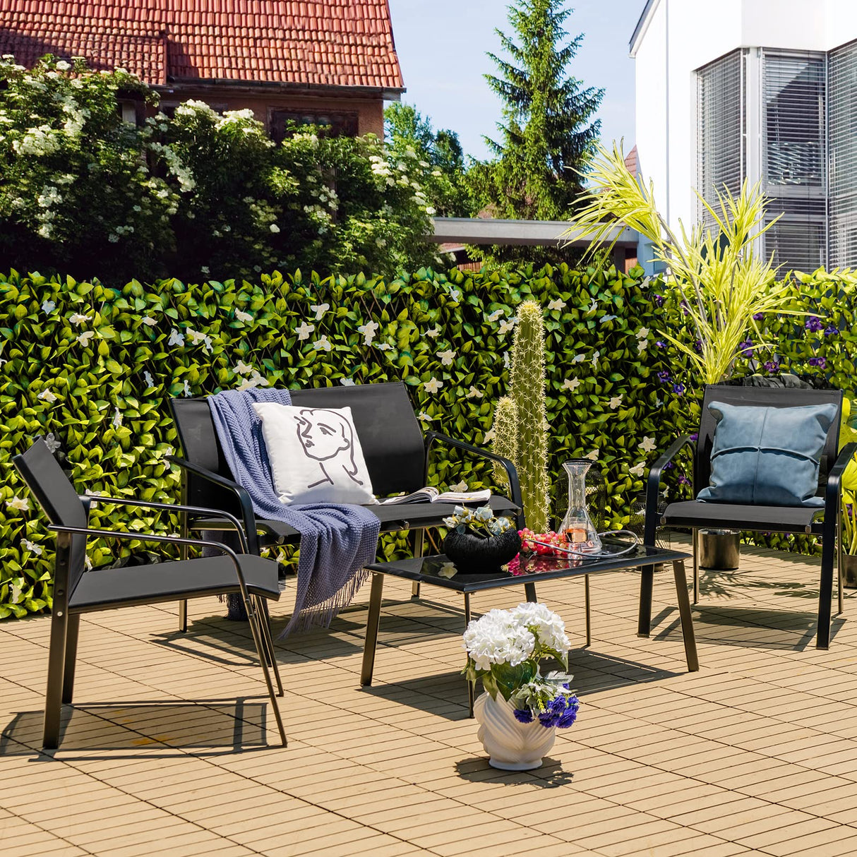 Tangkula 4 Pieces Patio Furniture Set, Outdoor Conversation Set with Tempered Glass Coffee Table, Outdoor Bistro Set with Fabric and Anti-Rust Steel Frame for Garden, Poolside and Backyard (Black) Tangkula