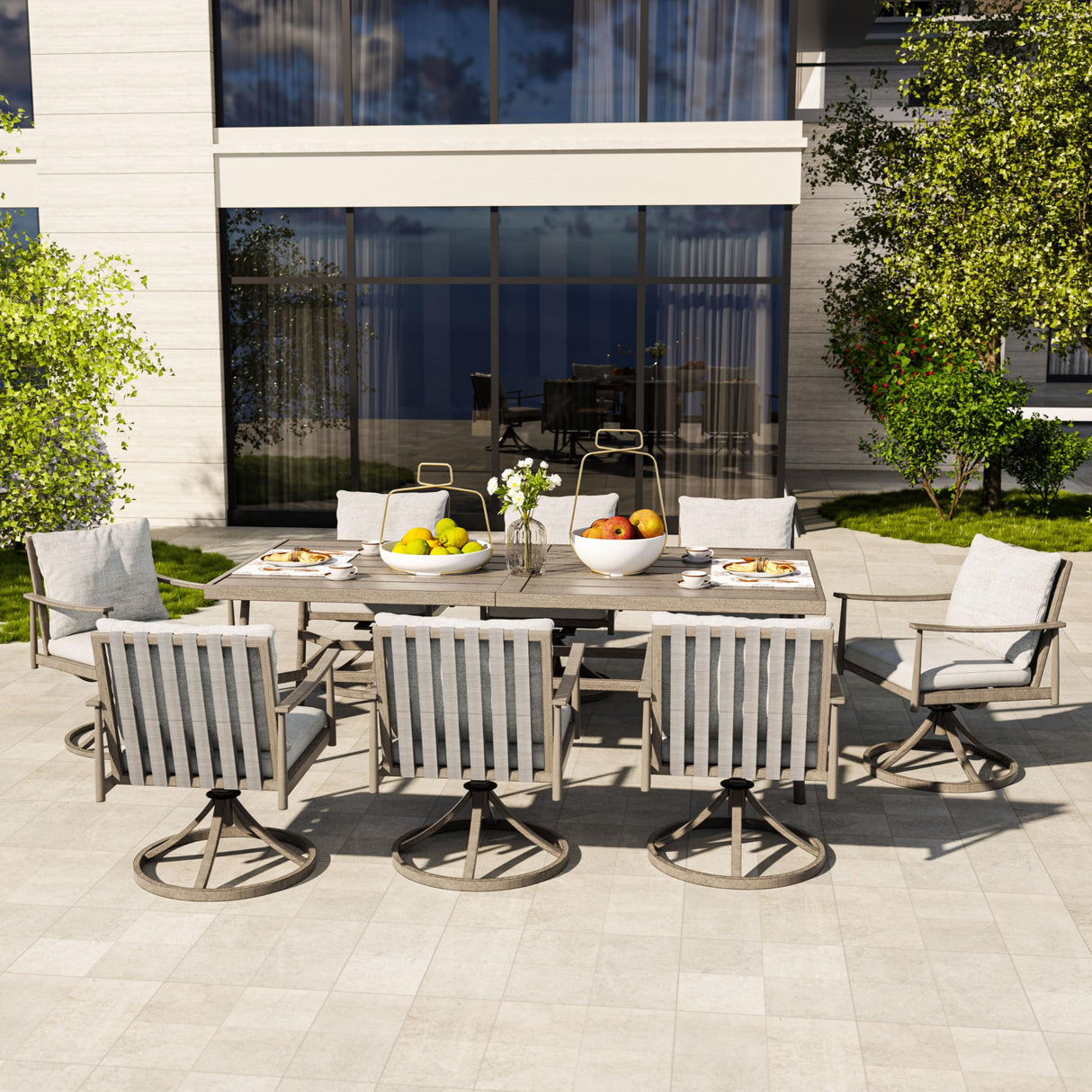 HAPPATIO 9-Piece Patio Table and Chairs Set for 8, Aluminum Outdoor Dining Set with Cushions, 8 Swivel Dining Chairs, 1 Large Rectangular Table with Umbrella Hole for Lawn, Porch, Backyard, Grey HAPPATIO