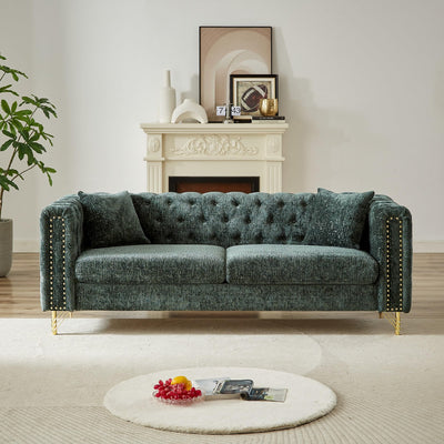 Nestglow Luxury Chenille Buttons Tufted Sofa, 82'' Sectional Sofa, Modern 3 Seater Deep Sectional Couch with Copper Nail Decoration and Gold Metal Legs for Living Room, Bedroom, Apartment, Green