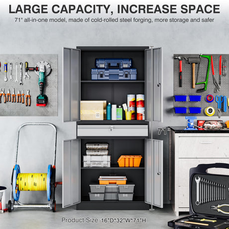 Metal Garage Storage Cabinet with Doors and Shelves,Metal Storage Cabinet with Lock and Drawer,Metal Cabinet with Locking Doors,4 Door Steel Cabinet,71" Lockable Storage Cabinet for Garage,Home,Office SISESOL