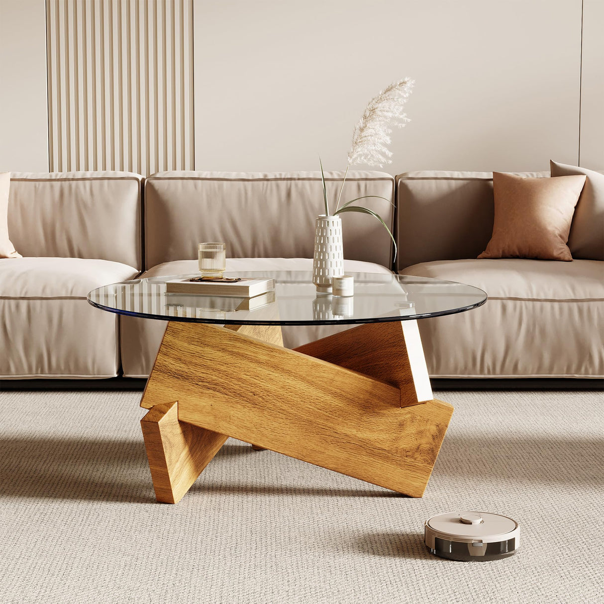 Honyee Modern Round Coffee Table, 30.7" x 30.7" x 16.1" Tempered Glass Top for Living Room, Color: Natural Wood Honyee