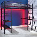 X Rocker Fortress Video Gaming Twin Loft Bed, Durable Black Metal Bed Frame, Built-in Desk and 3 Shelves, 77.64" x 59.17" x 72.05" X Rocker