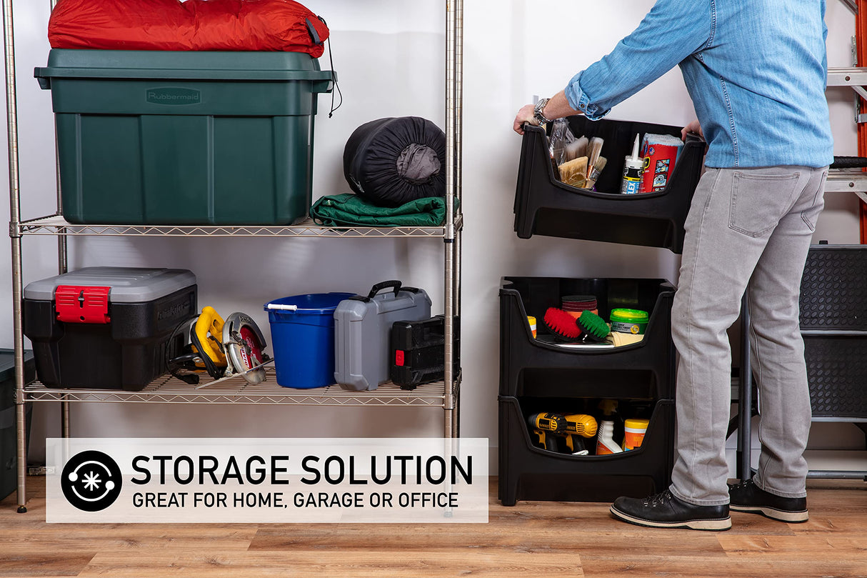 Mighty Tuff Jumbo Stackable Storage Bins, Pack of 3, Easy-Access Storage, Large Easy-To-Grip Handles, Wide Front Opening, Interlocking, Stack Vertically, Black Mighty Tuff