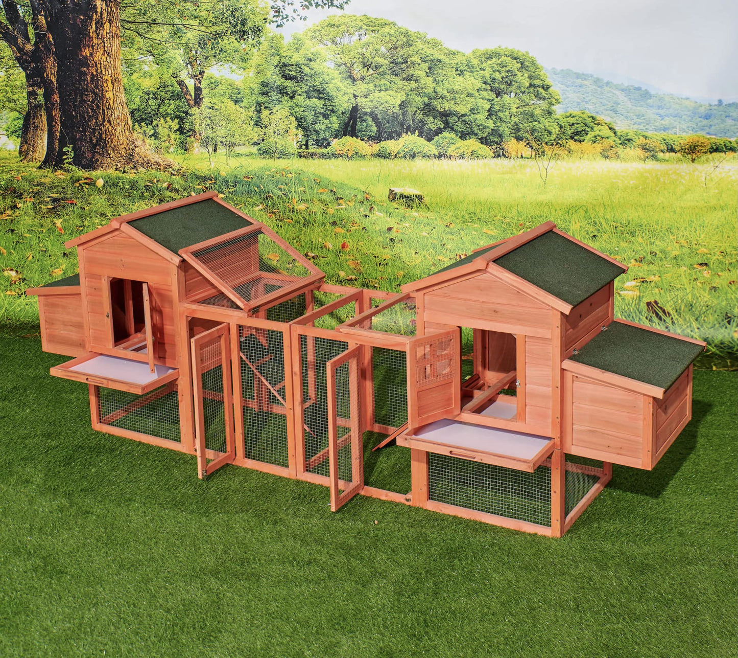 123.6" Chicken Coop Hen House with Nesting Boxes Wooden Small Animal Cage for Chicks Outdoor Rabbit Hutch Bunny Cage with 2 Run Play Area, Ramps, Waterproof Roof & Pull Out Tray Auburn