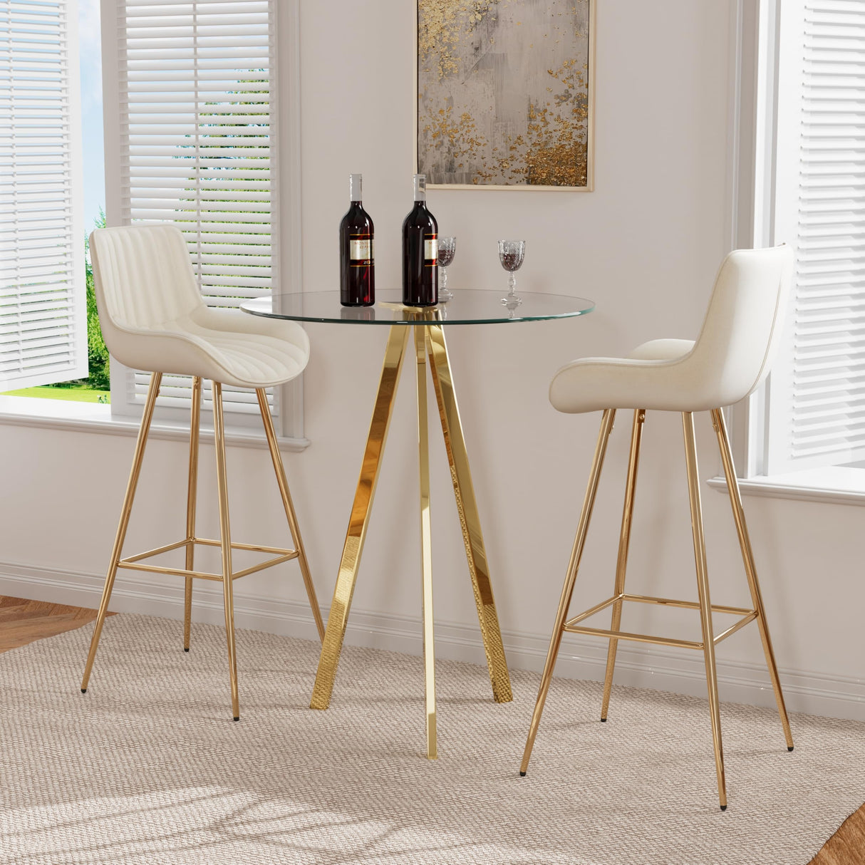 SIZOTA 3 Piece Pub Dining Set, Modern Round Bar Table and Chairs for 2, 30" Counter Height Barstools and Glass Kitchen Table Set, 31" Small Dining Table with 2 Stools(Beige) SIZOTA