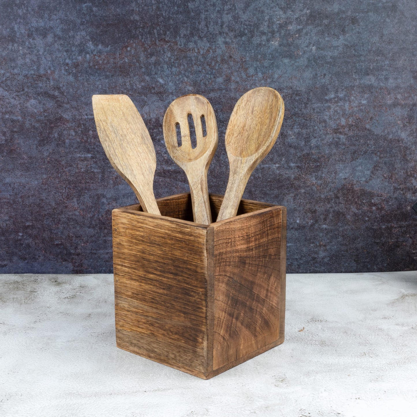 Samhita Mango Wood Burning Finished Kitchen Utensil Holder for Countertop, Utensil Holder Container for Kitchen Cooking Utensil. (5"x 5"x 6")