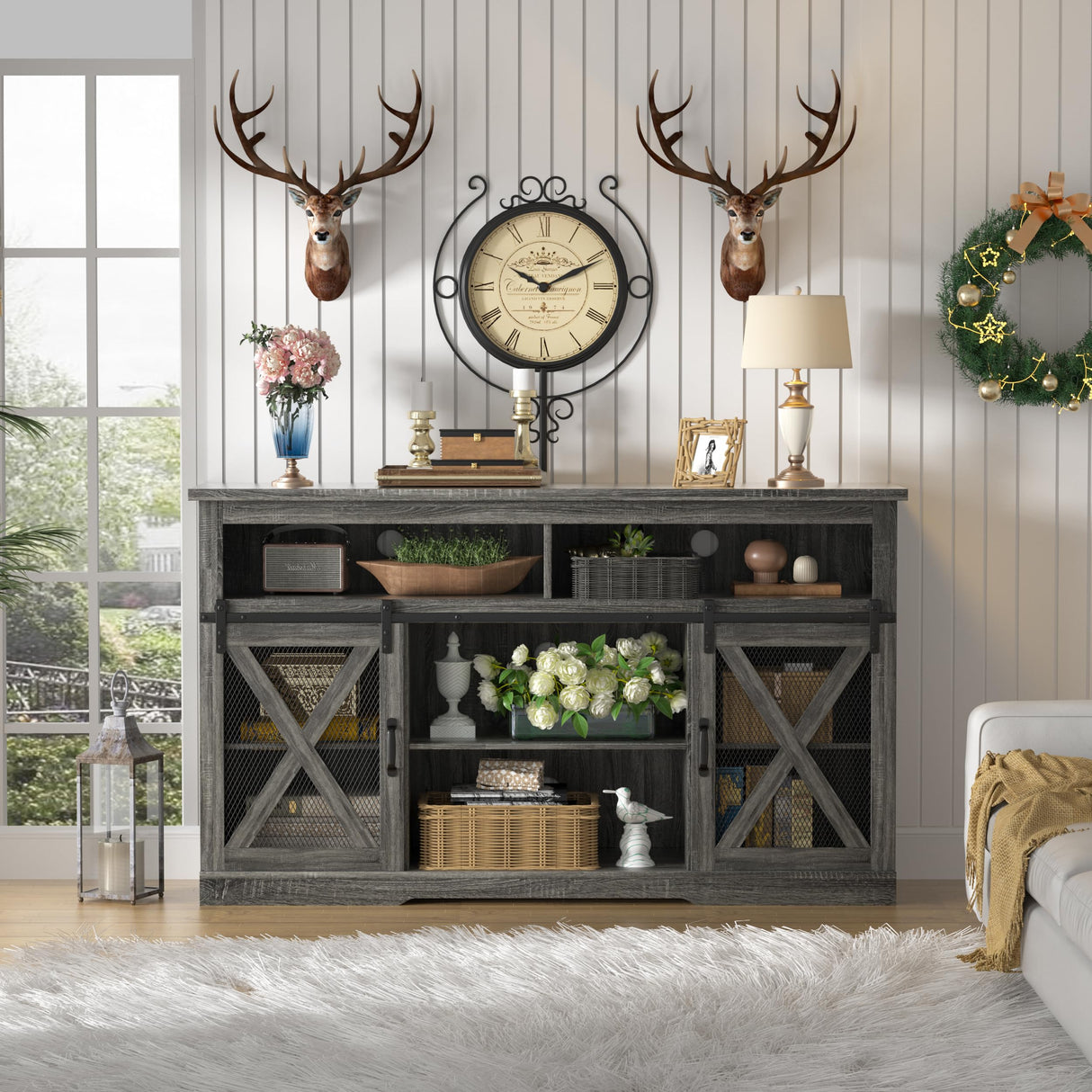 TOLEAD Farmhouse TV Stand for 65 inch TV Farmhouse Entertainment Center with Sliding Barn Doors Console Storage Cabinet for Living Room, Bedroom Grey TOLEAD