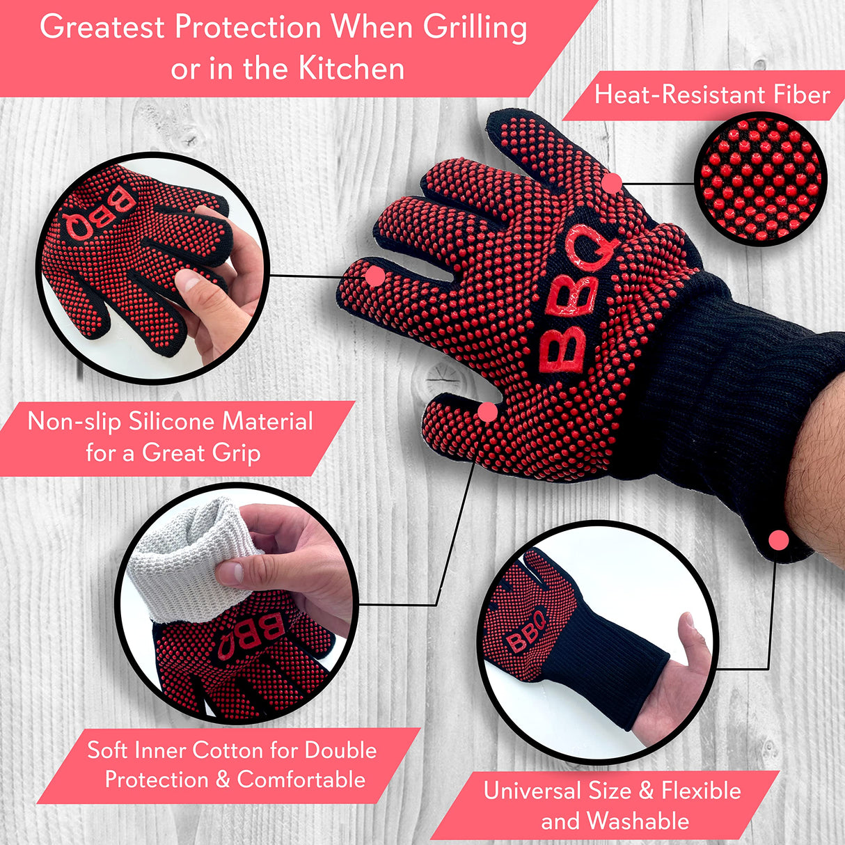 NutriChef BBQ Gloves - 1472°F Heat Resistant, Fireproof Mitts with Non-Slip Silicone Grip, Perfect for Barbecue, Grilling, Cooking, Baking & Camping, 14-inch, Food Grade, Washable Kitchen Oven Mitts NutriChef