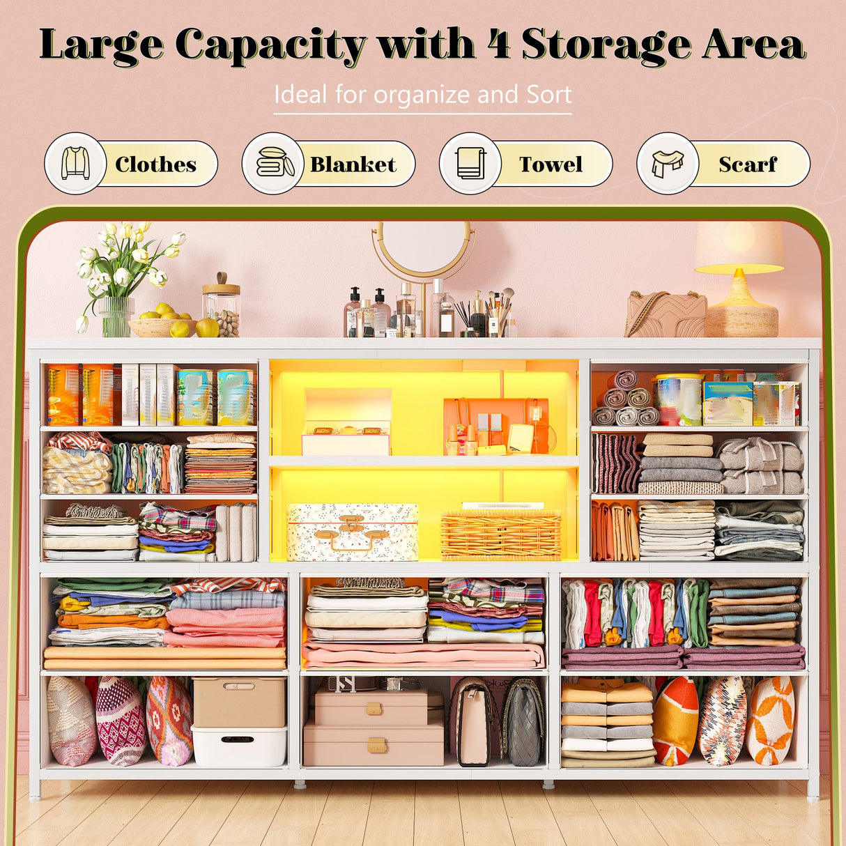 EnHomee White Dresser for Bedroom with 12 Drawers, Fabric Bedroom Dresser with LED Lights & Power Outlets Long Dressers & Chest of Drawers, Sturdy Dresser for Closet, Living Room, Hallway EnHomee