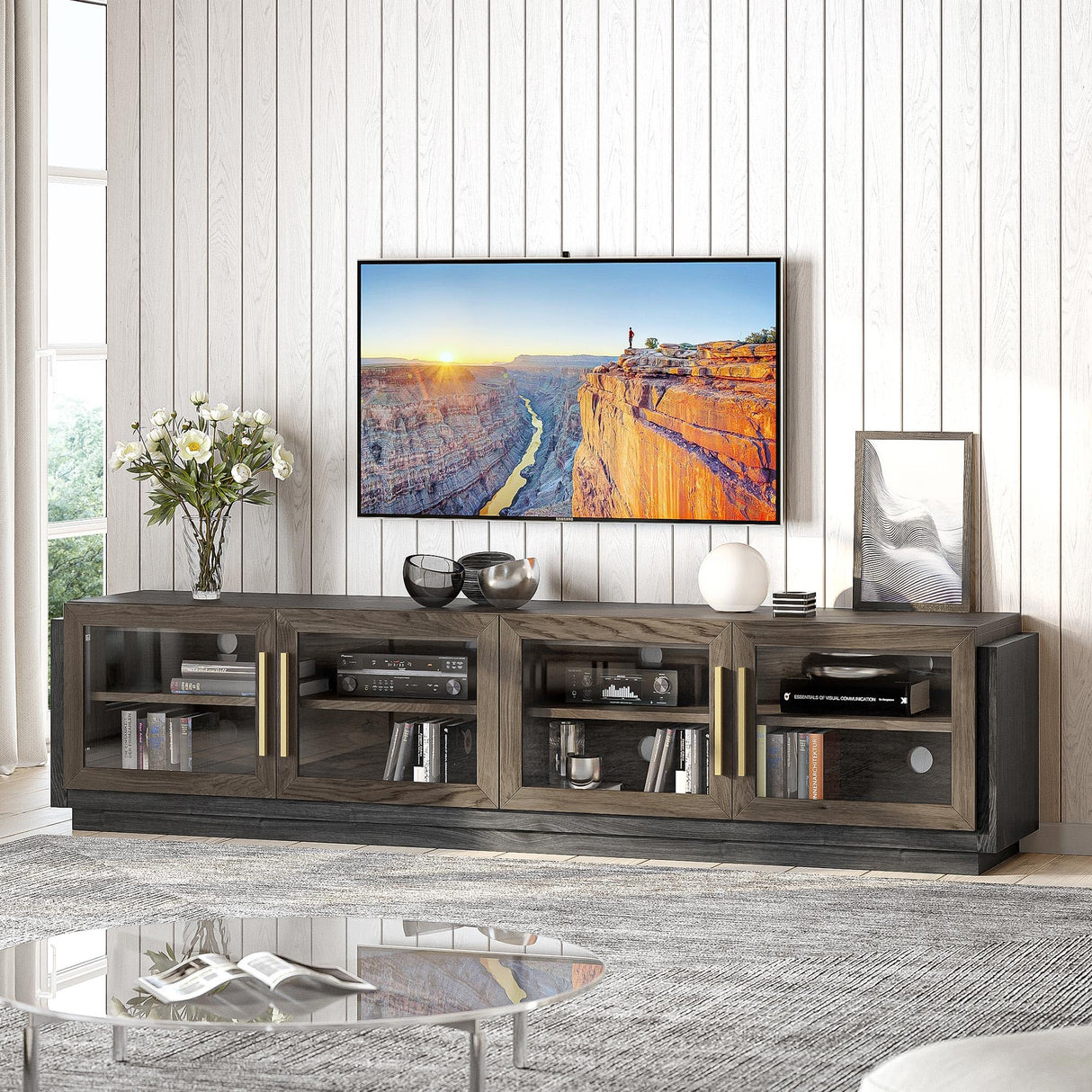 BELLEZE 83" TV Stand for TVs up to 85", Modern TV Cabinet & Entertainment Center with Shelves, Wood Storage Cabinet for Living Room or Bedroom - Brixston (Brown) BELLEZE