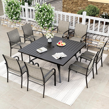 HERA'S HOUSE 9 Pieces Patio Dining Set, Outdoor Table and Chairs Set for 8, 8 x Brown Textilene Dining Chair and 60" Square Metal Dining Table, Outdoor Dining Sets for Lawn Garden Backyard Deck HERA'S HOUSE