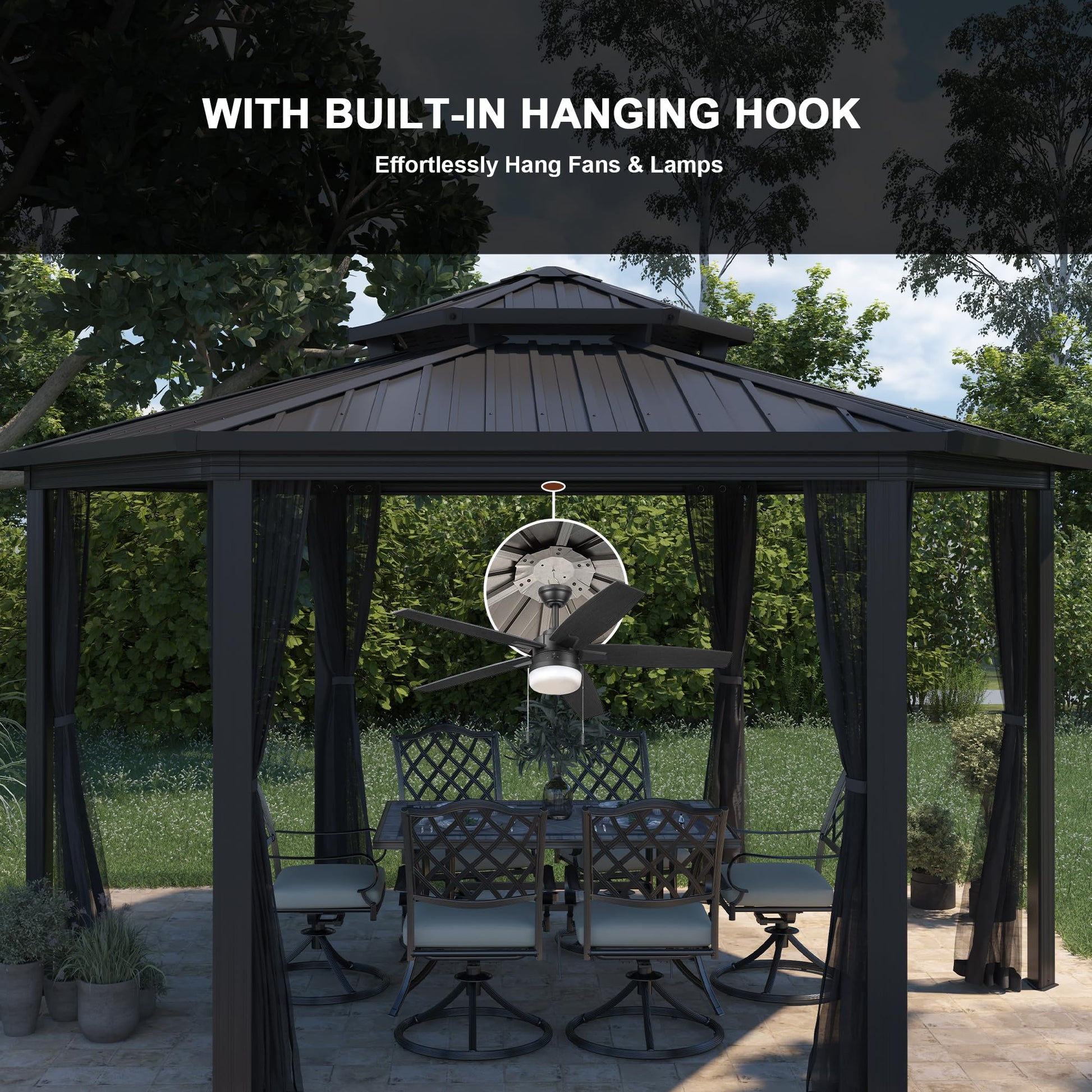 15x15Ft Hexagon Hardtop Gazebo Heavy Duty Aluminum Frame Patio Gazebo Double Roof Outdoor Pavilion with Nettings & Ceiling Hook for Patio Backyard Deck Lawns - WoodArtSupply