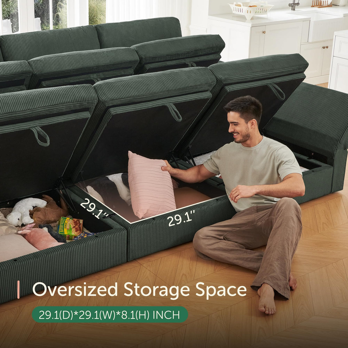 HONBAY Modular Sectional Couch with Storage Corduroy L Shaped Sectional Couches for Living Room,Green HONBAY